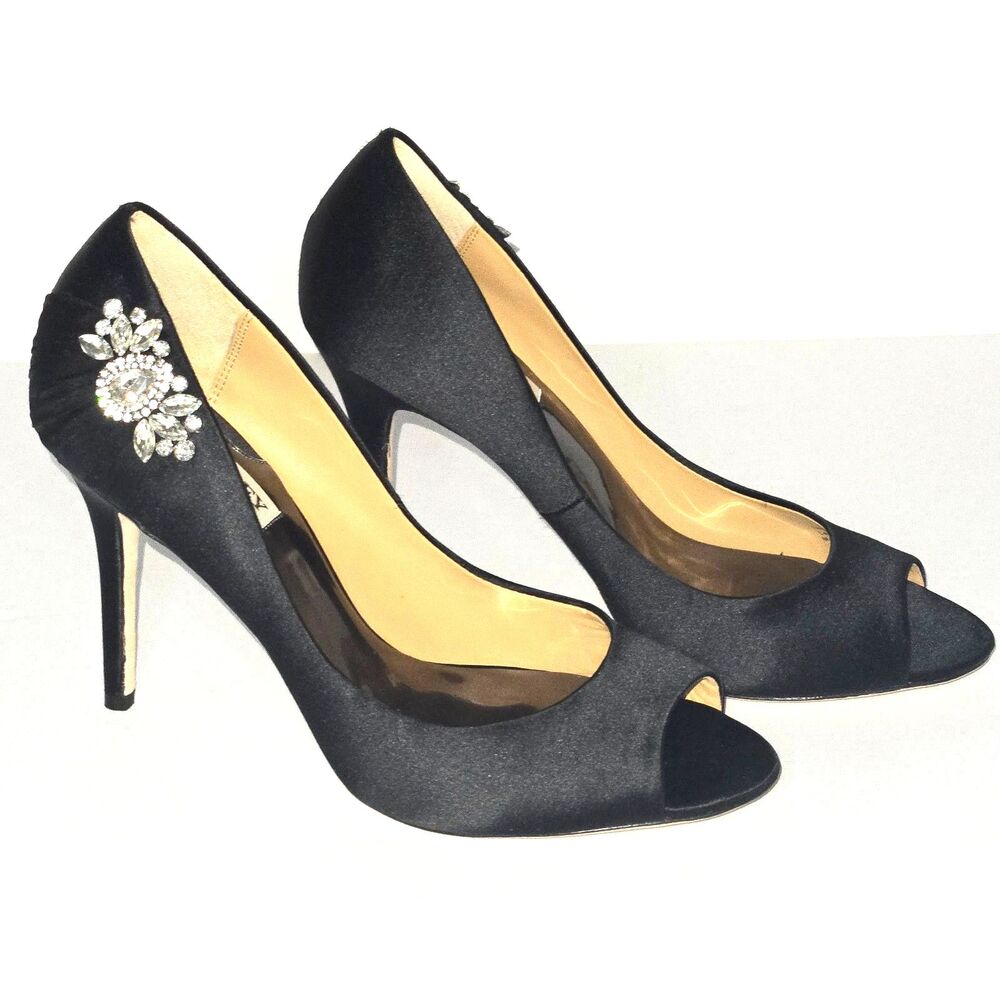 BADGLEY MISCHKA Shoes Peep Open Toe Satin Heels Crystal Embellished Women 8.5 US
